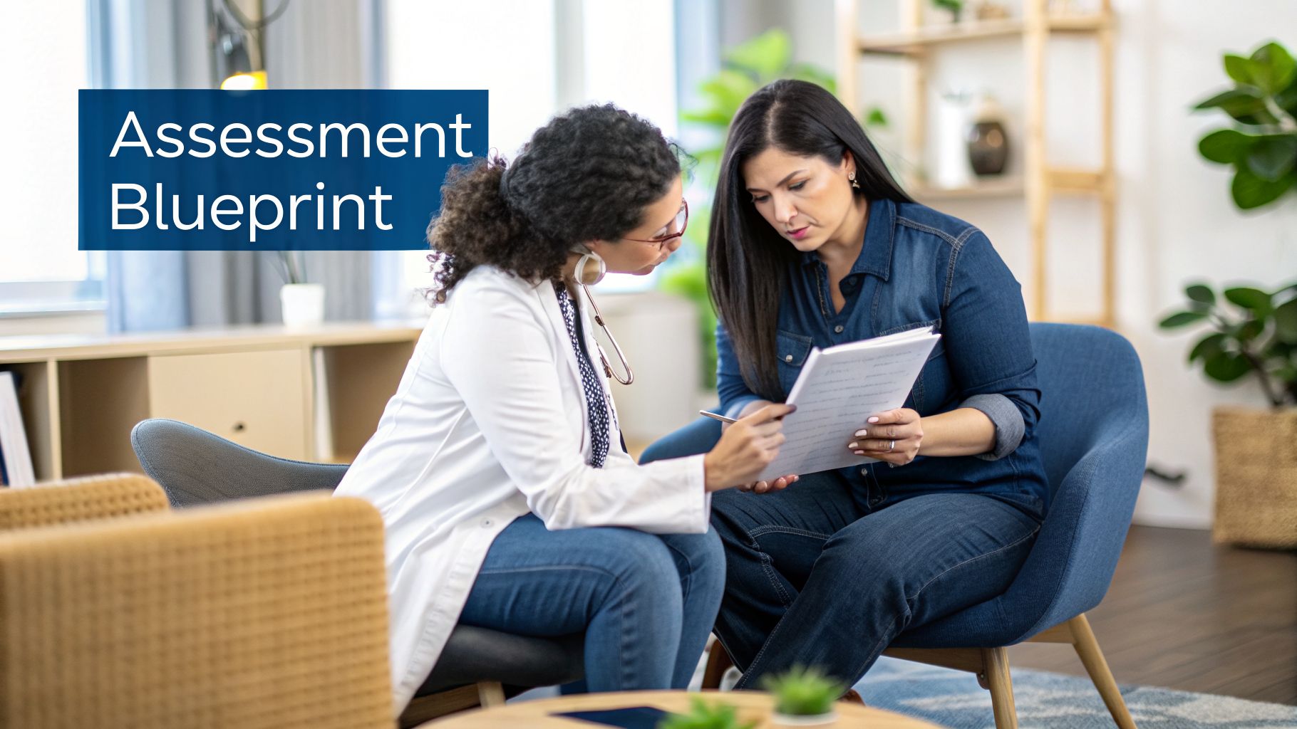 Female doctor reviews assessment documents with a patient in a comfortable office.