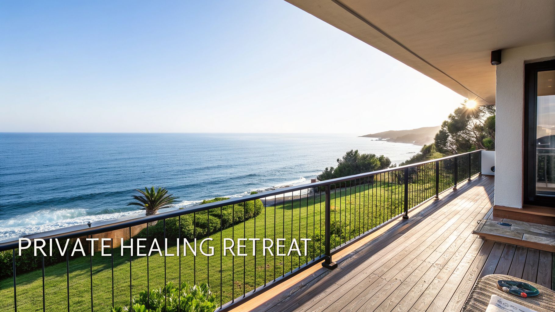 Private healing retreat with a beautiful ocean and coastal view from a wooden deck at sunrise.