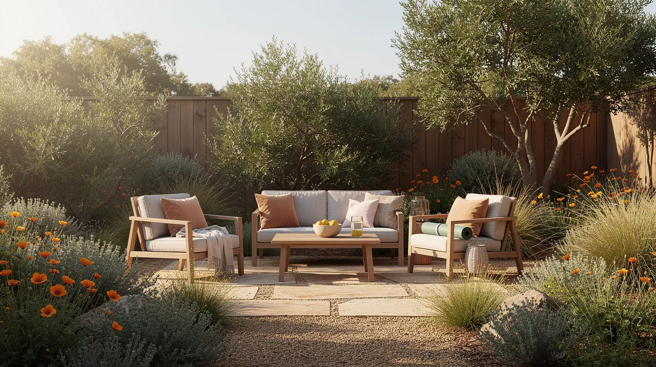 The image depicts a serene outdoor wellness area, featuring comfortable seating surrounded by lush California native plants and bathed in natural light, creating a supportive environment that promotes relaxation and mental well-being, which can be beneficial for those experiencing symptoms of alcohol withdrawal syndrome. This tranquil setting offers a peaceful retreat for individuals seeking recovery from alcohol use disorder.