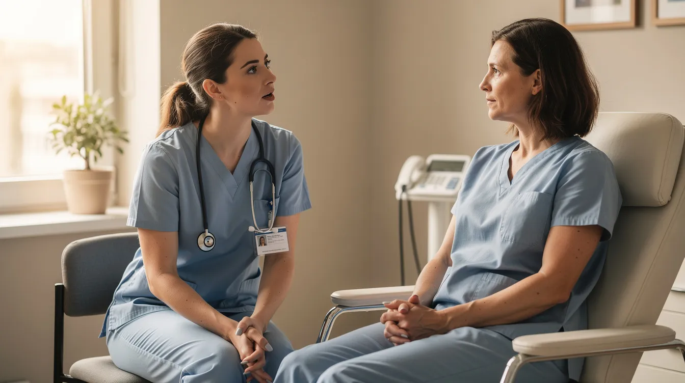 A compassionate medical professional in scrubs is engaged in a supportive conversation with a patient in a comfortable clinical setting, addressing concerns related to alcohol withdrawal symptoms and the importance of seeking treatment for alcohol use disorder. The environment reflects a caring approach to mental health services and recovery.