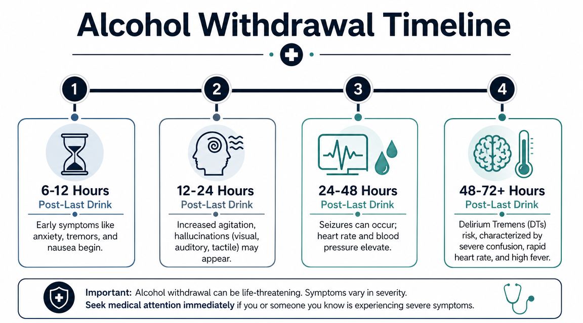 A timeline graphic illustrating the stages and physical symptoms of alcohol withdrawal over seventy-two hours.