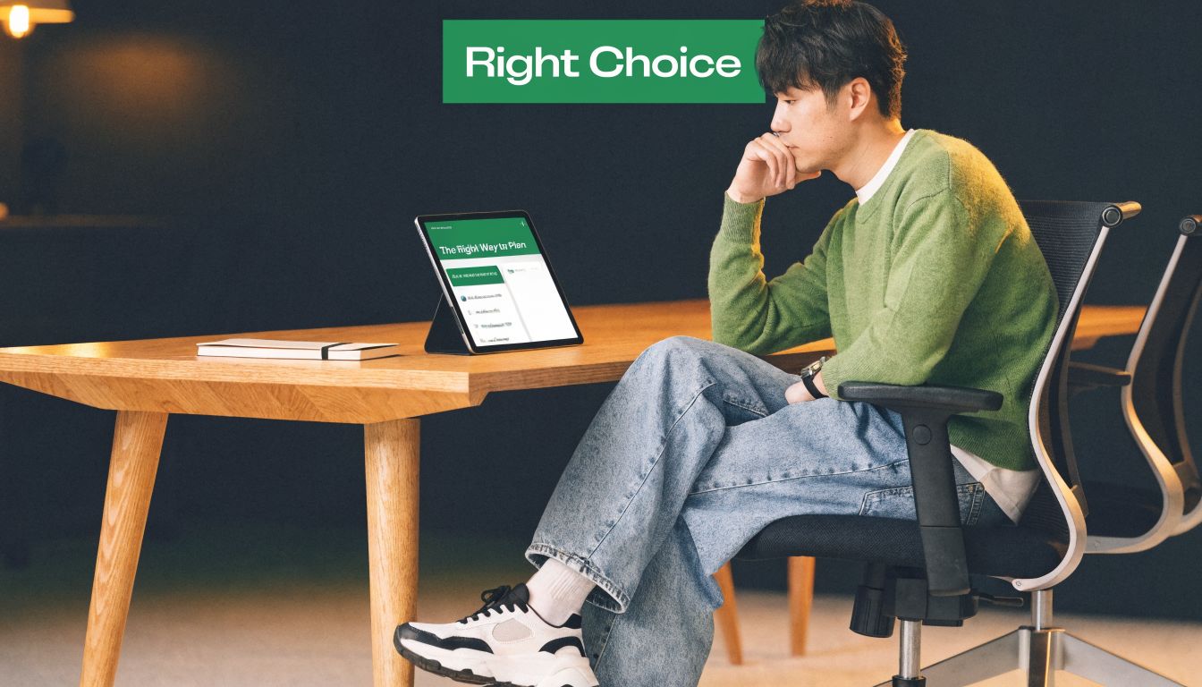 A young man sitting at a desk thoughtfully reviewing a structured recovery plan on his digital tablet.