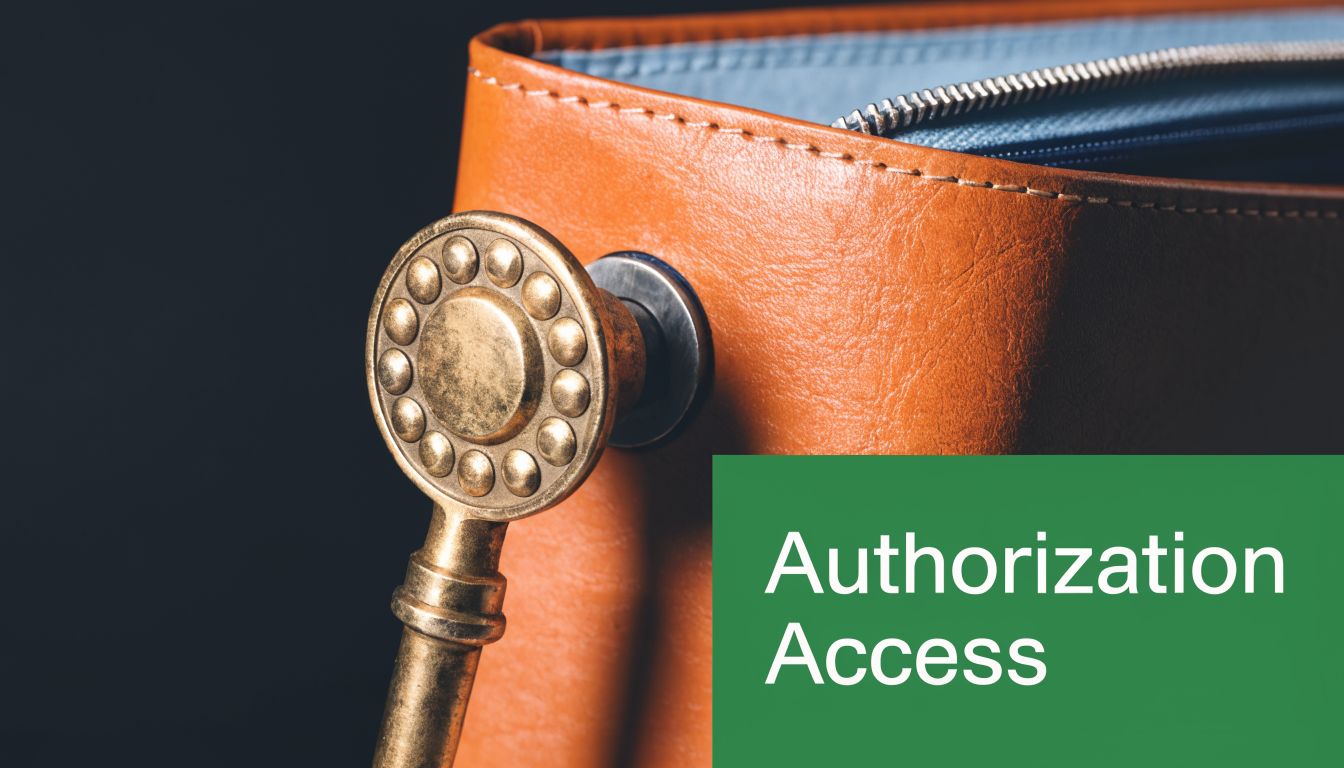 A vintage metal key inserted into an orange leather handbag with text reading Authorization Access.