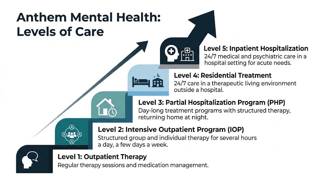 A visual chart illustrating five escalating levels of mental health care provided by Anthem insurance services.