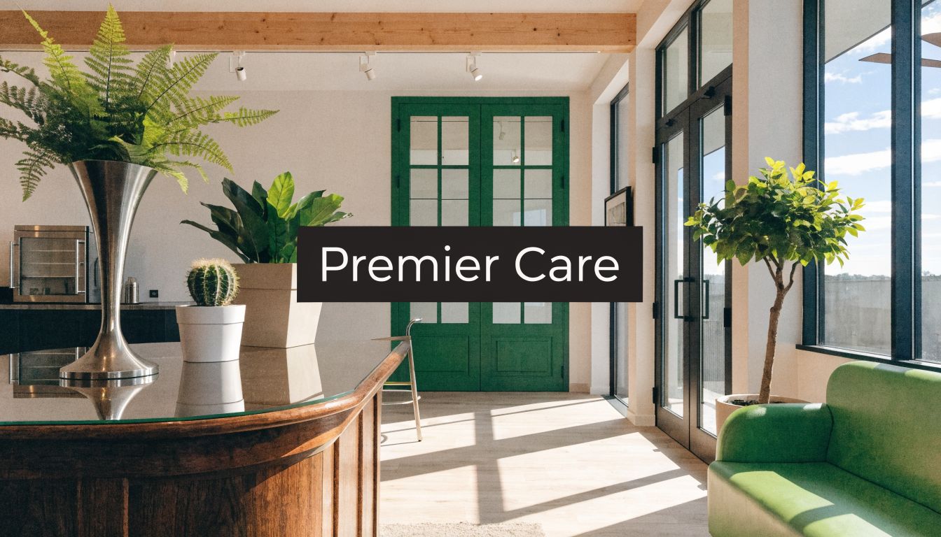 A modern and bright medical reception area featuring green doors, potted plants, and a comfortable green couch.