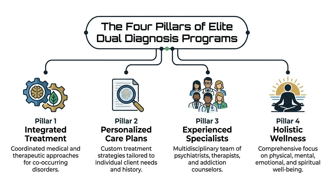 A diagram illustrating the four essential pillars of elite dual diagnosis treatment programs for recovery.