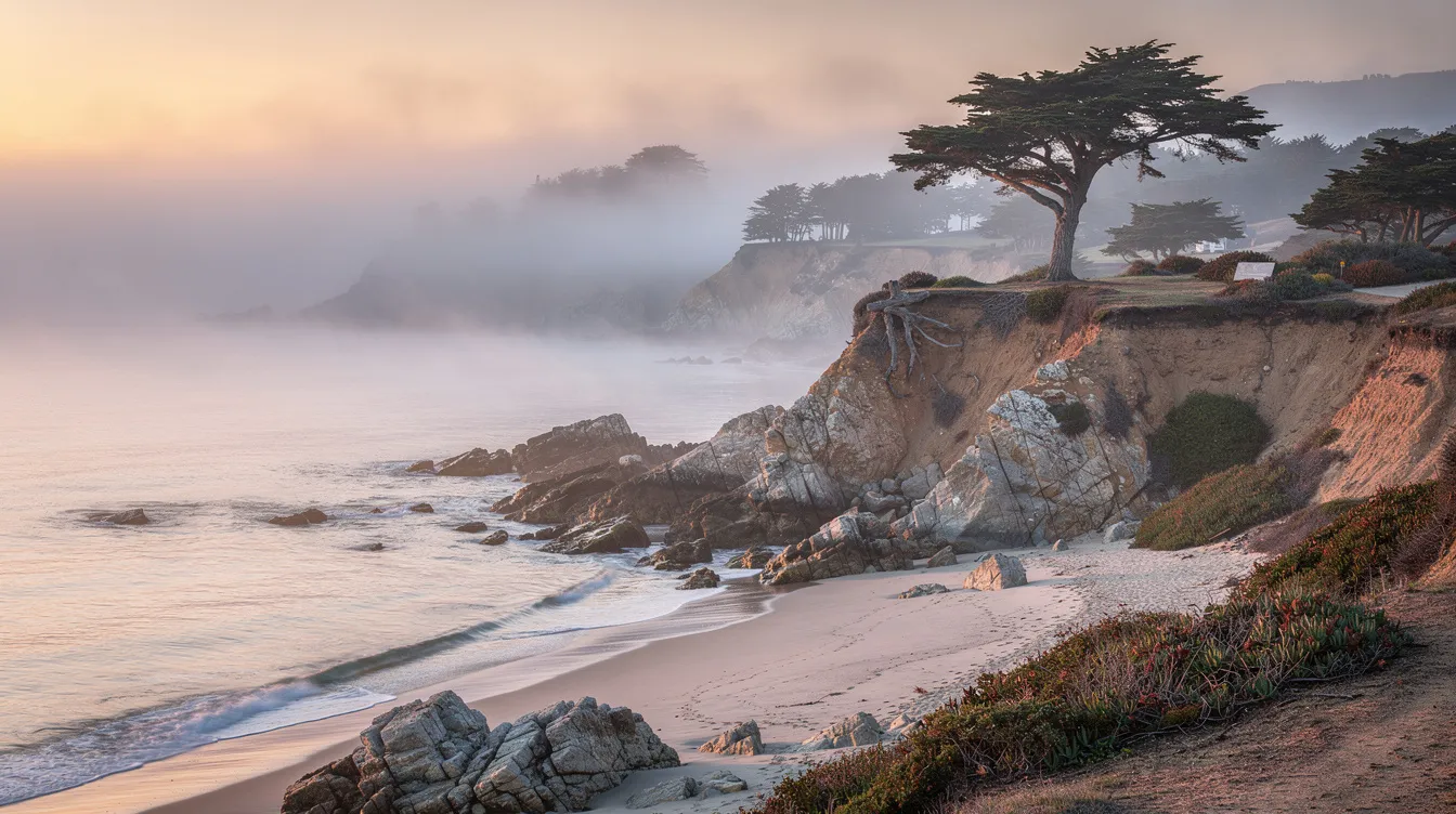 The image depicts a tranquil California coastal landscape, shrouded in morning fog with calm waters reflecting the muted light. This serene setting contrasts with the turmoil of alcohol withdrawal symptoms, highlighting the importance of seeking help for alcohol use disorder and the journey towards recovery.