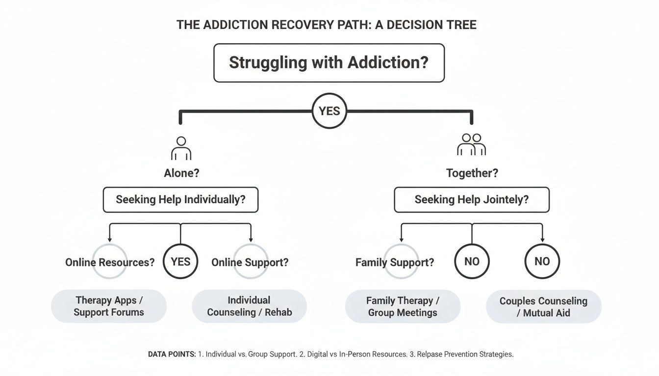 A decision tree flowchart illustrating different addiction recovery paths, branching based on individual or joint support needs.