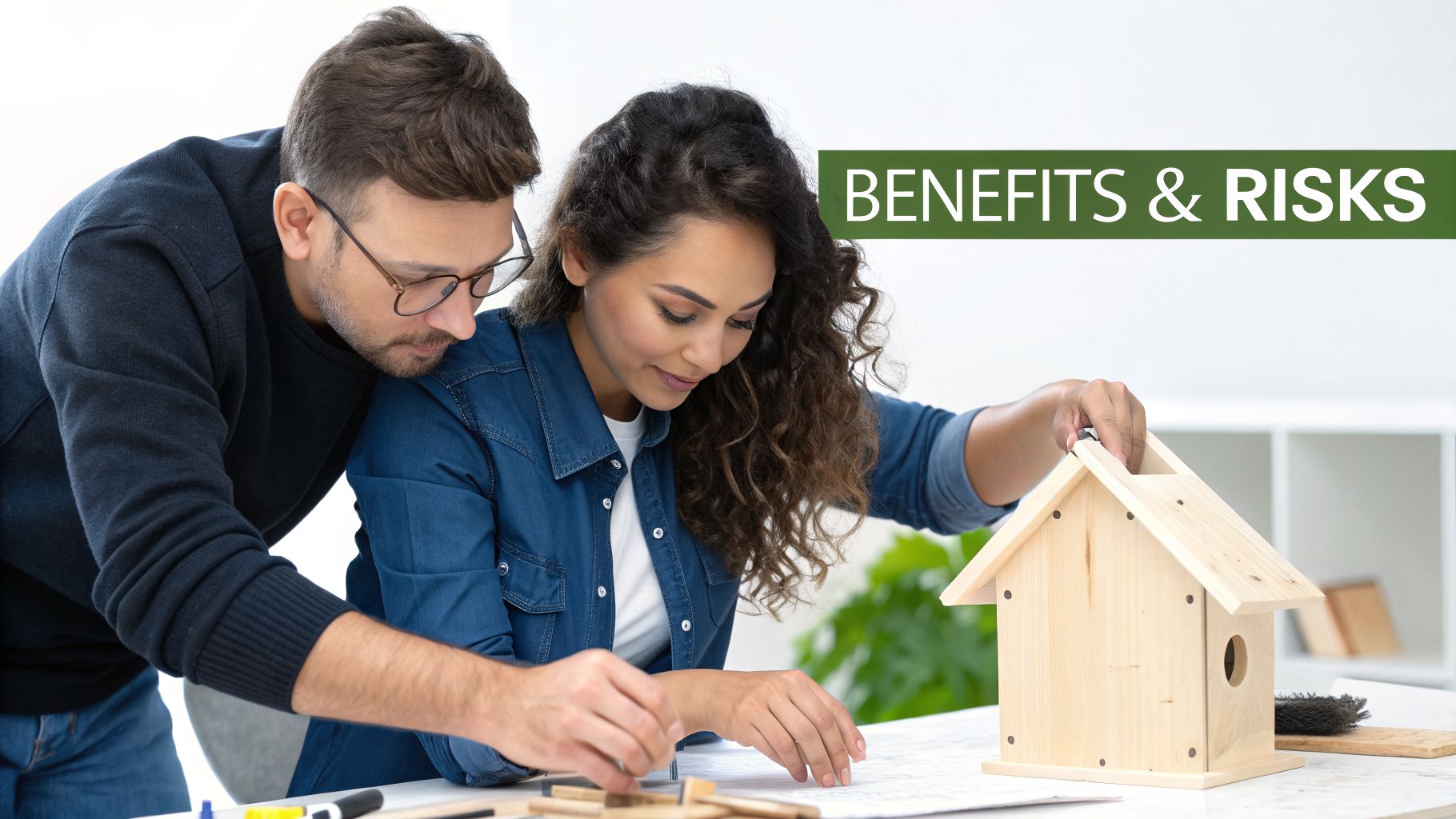 A focused couple examines architectural plans and a wooden house model, discussing potential benefits and risks.