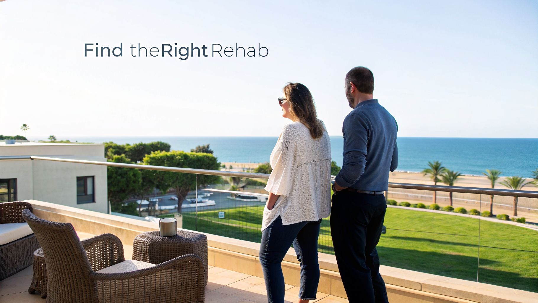 A couple stands on a sunny balcony overlooking a serene beach and blue ocean, with the text 'Find the Right Rehab'.