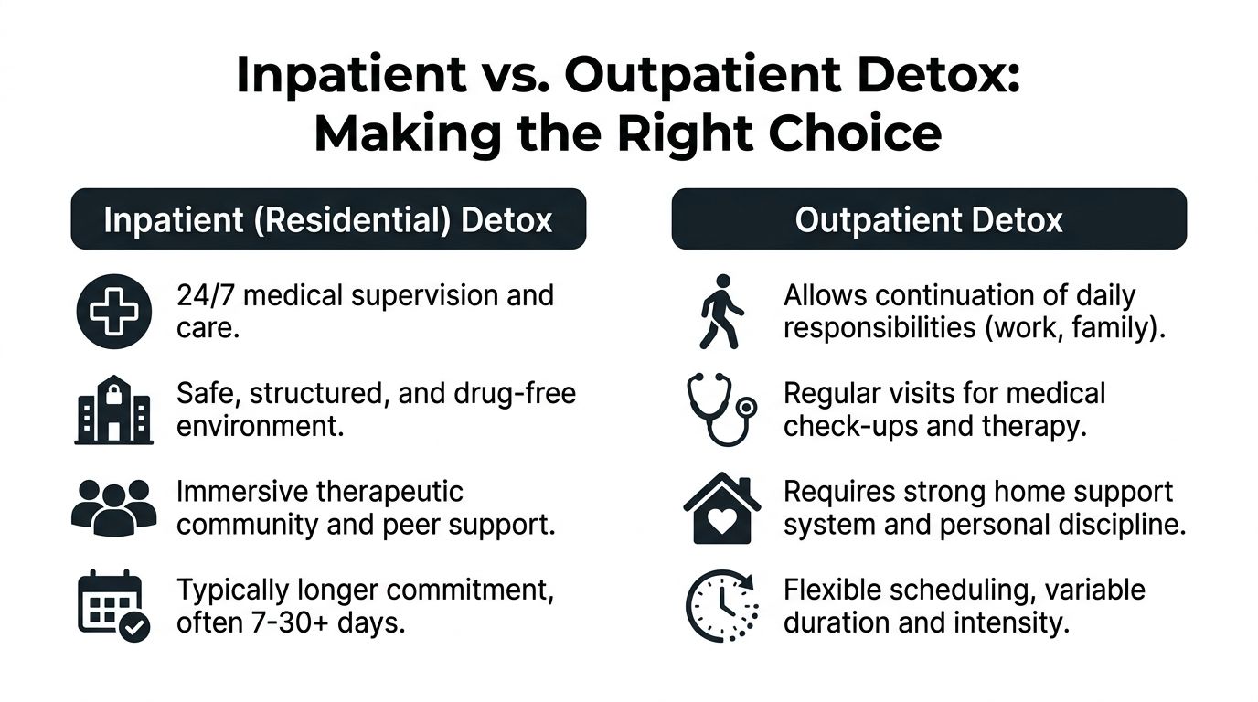 A comparison chart outlining the key differences between inpatient residential detox and outpatient detox treatment options.