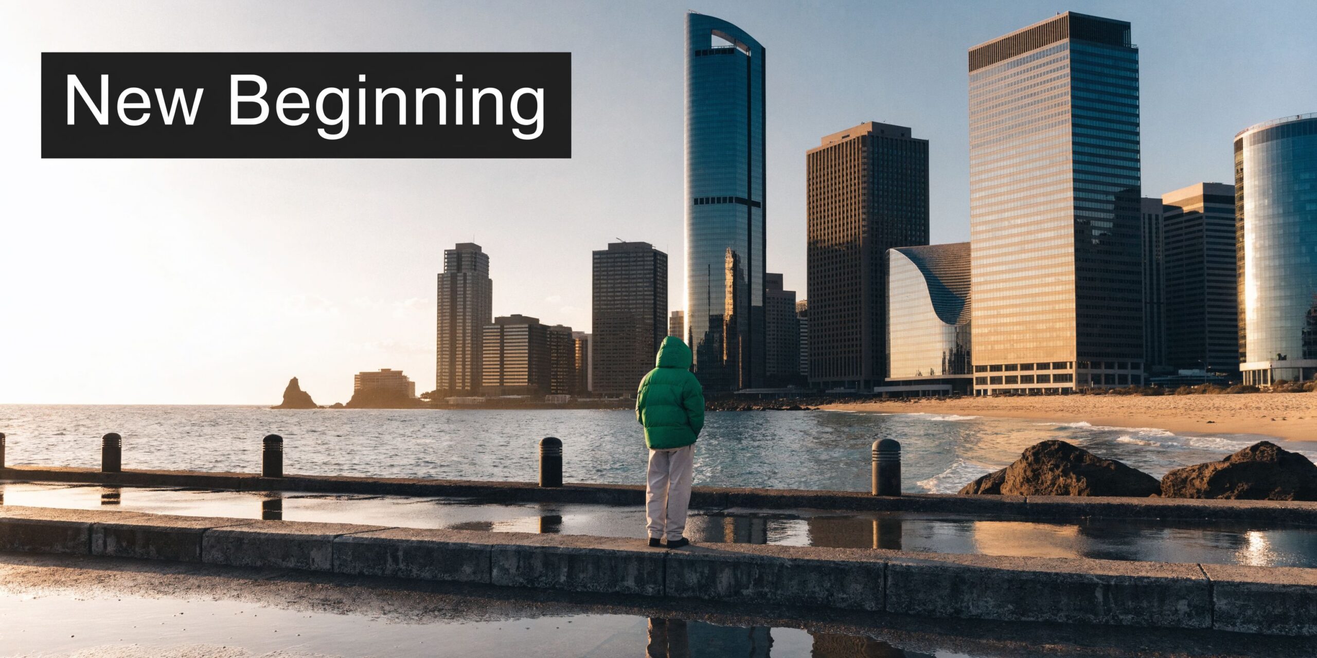 A person in a green jacket standing on a concrete pier looking at a coastal city skyline.