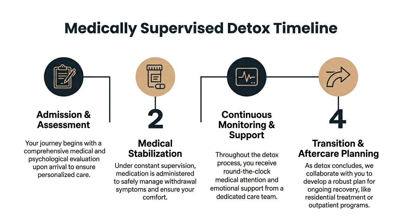 A four-step infographic illustrating the medically supervised detox timeline, from initial assessment to ongoing aftercare planning.