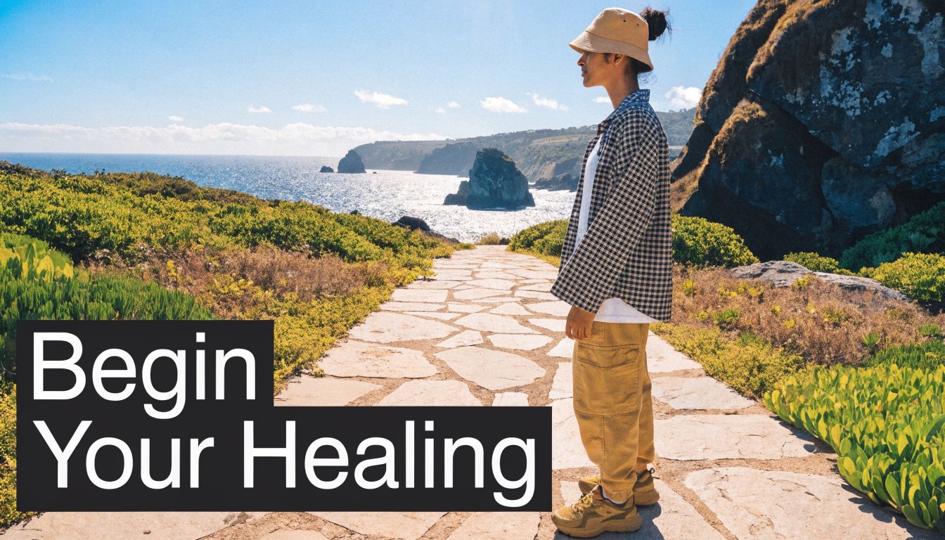 A person standing on a stone path overlooking the ocean, representing a journey toward mental recovery and healing.