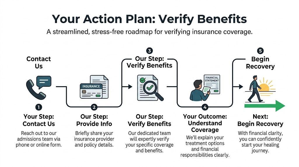 A flowchart showing a five-step action plan for verifying insurance benefits before starting recovery treatment.