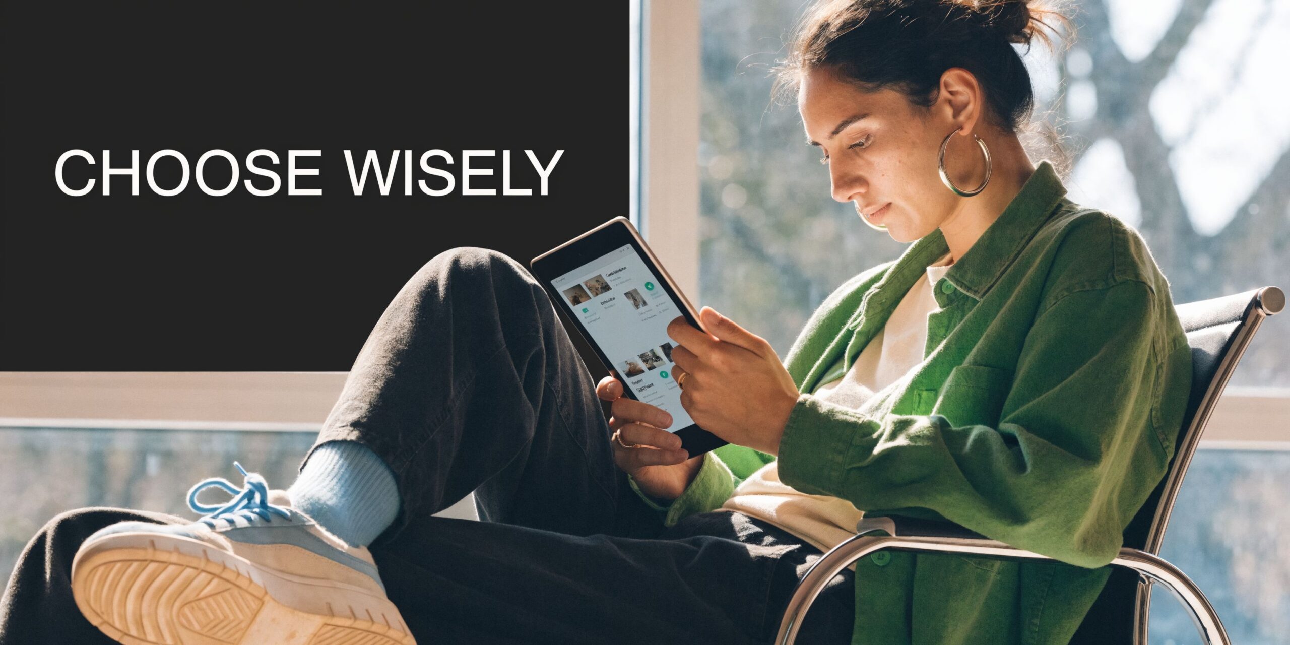 A woman sits in a chair comfortably while viewing options on a tablet in a bright office.