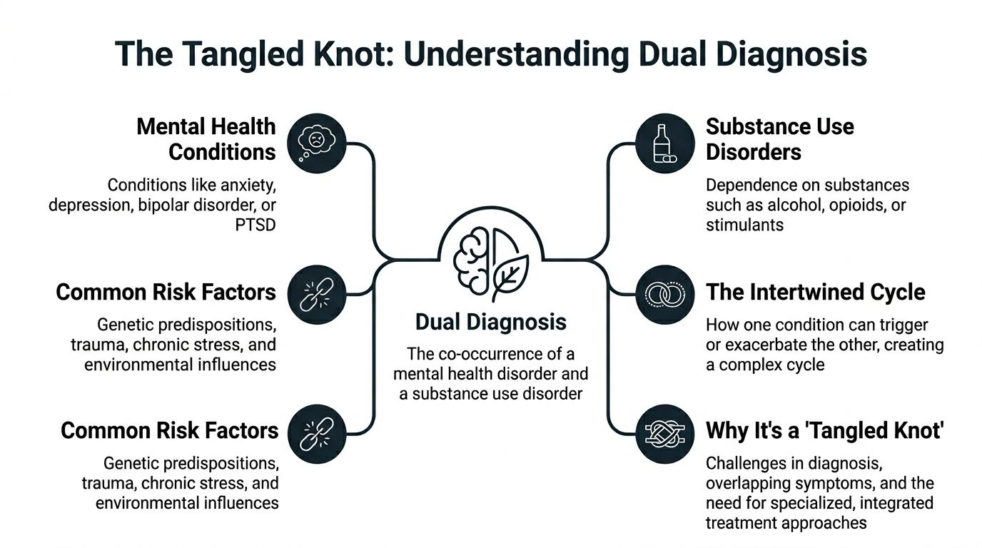 A diagram explaining dual diagnosis, showing the link between mental health conditions and substance use disorders.