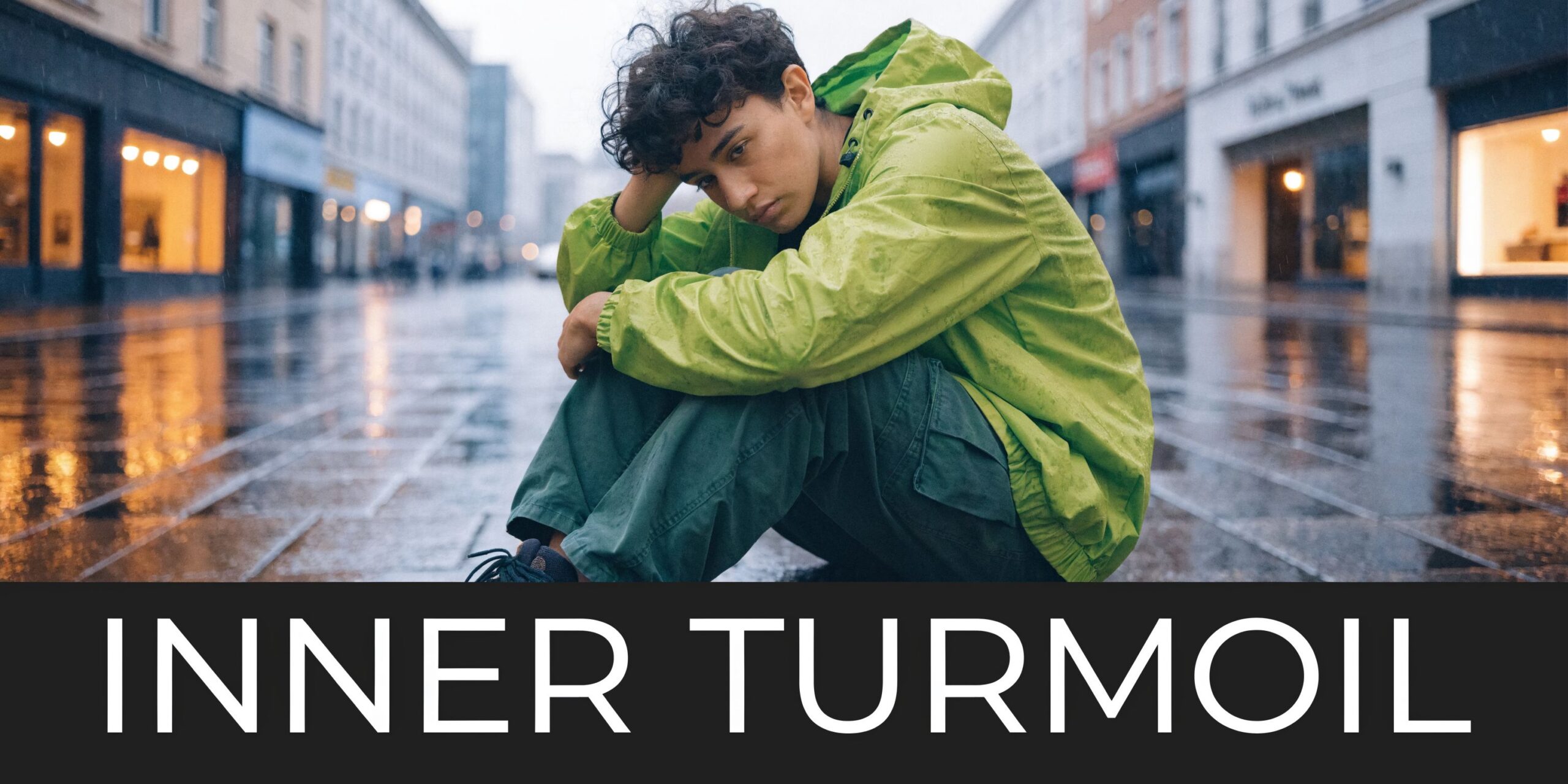 A young person sits huddled on a wet city street, looking sad and experiencing inner turmoil.