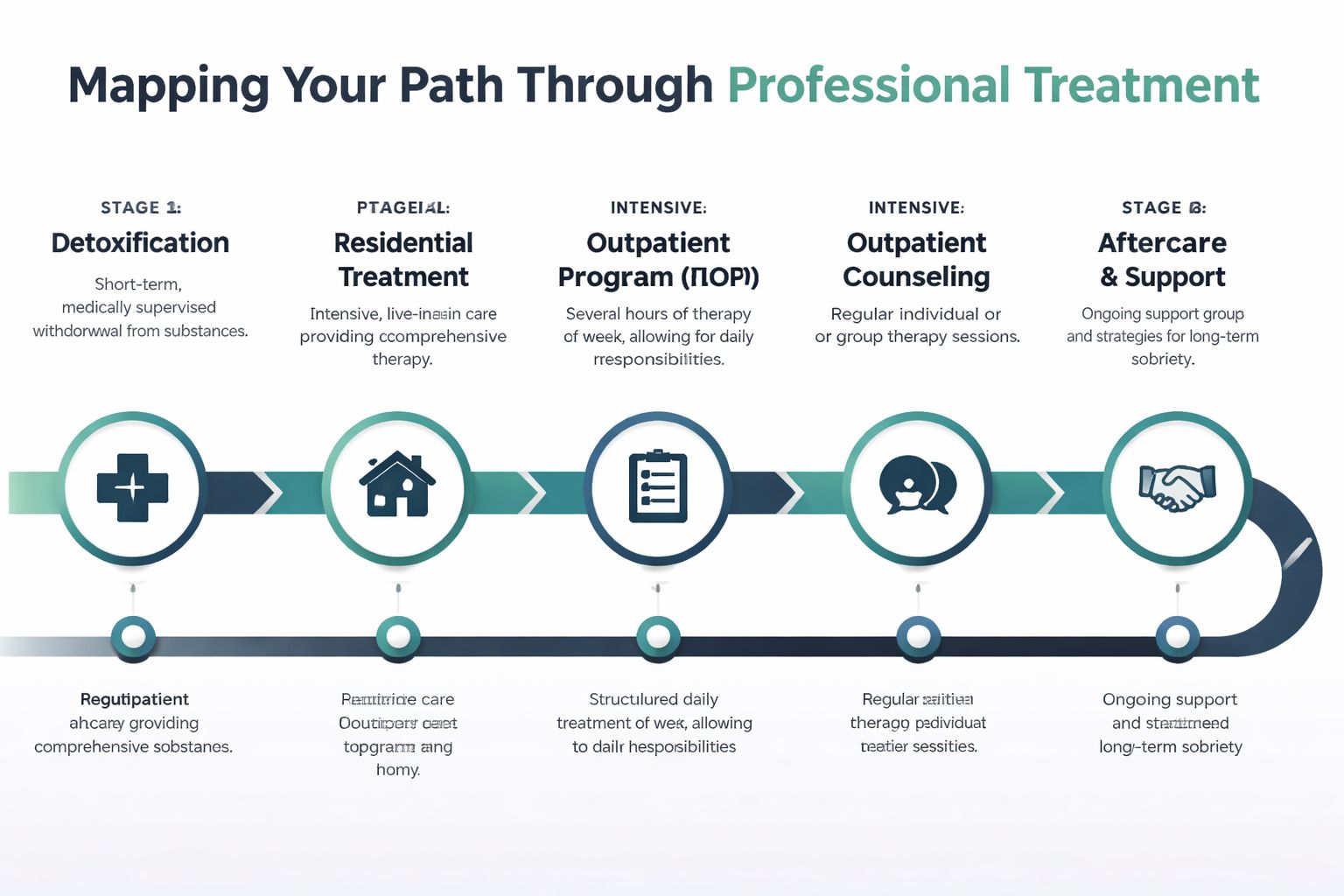 A flowchart showing the five stages of professional addiction treatment from detoxification to long-term aftercare and support.