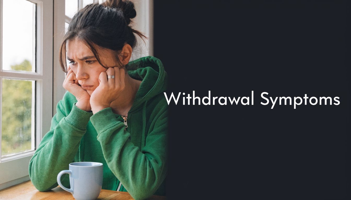 A young woman wearing a green hoodie sitting by a window looking distressed and dealing with withdrawal symptoms.