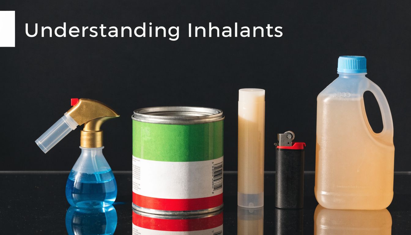 A collection of common household items that can be misused as inhalants on a black surface.