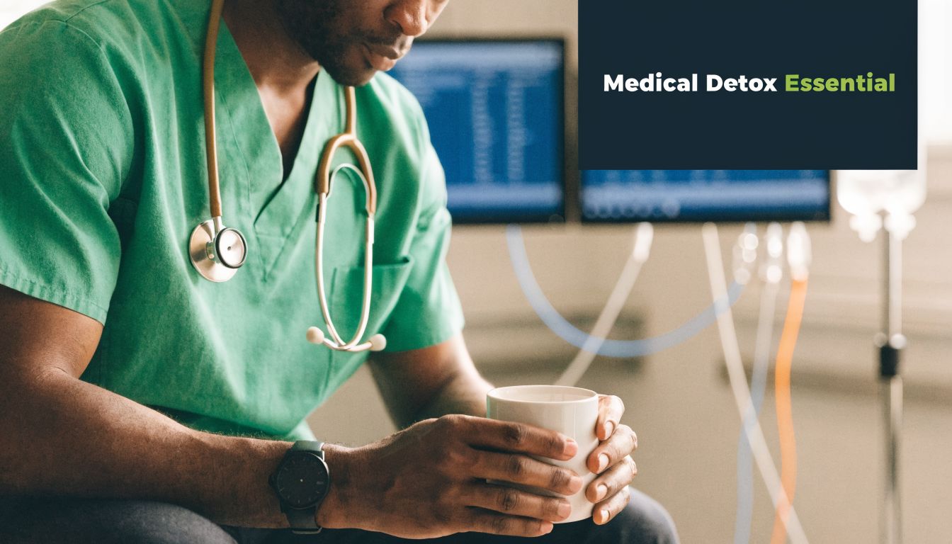 A healthcare professional in scrubs resting with a cup of coffee in a medical hospital setting.