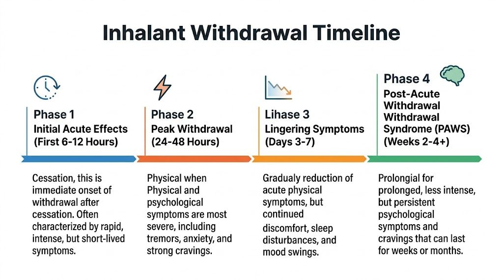 A timeline graphic showing four phases of inhalant withdrawal from the initial effects to long-term symptoms.
