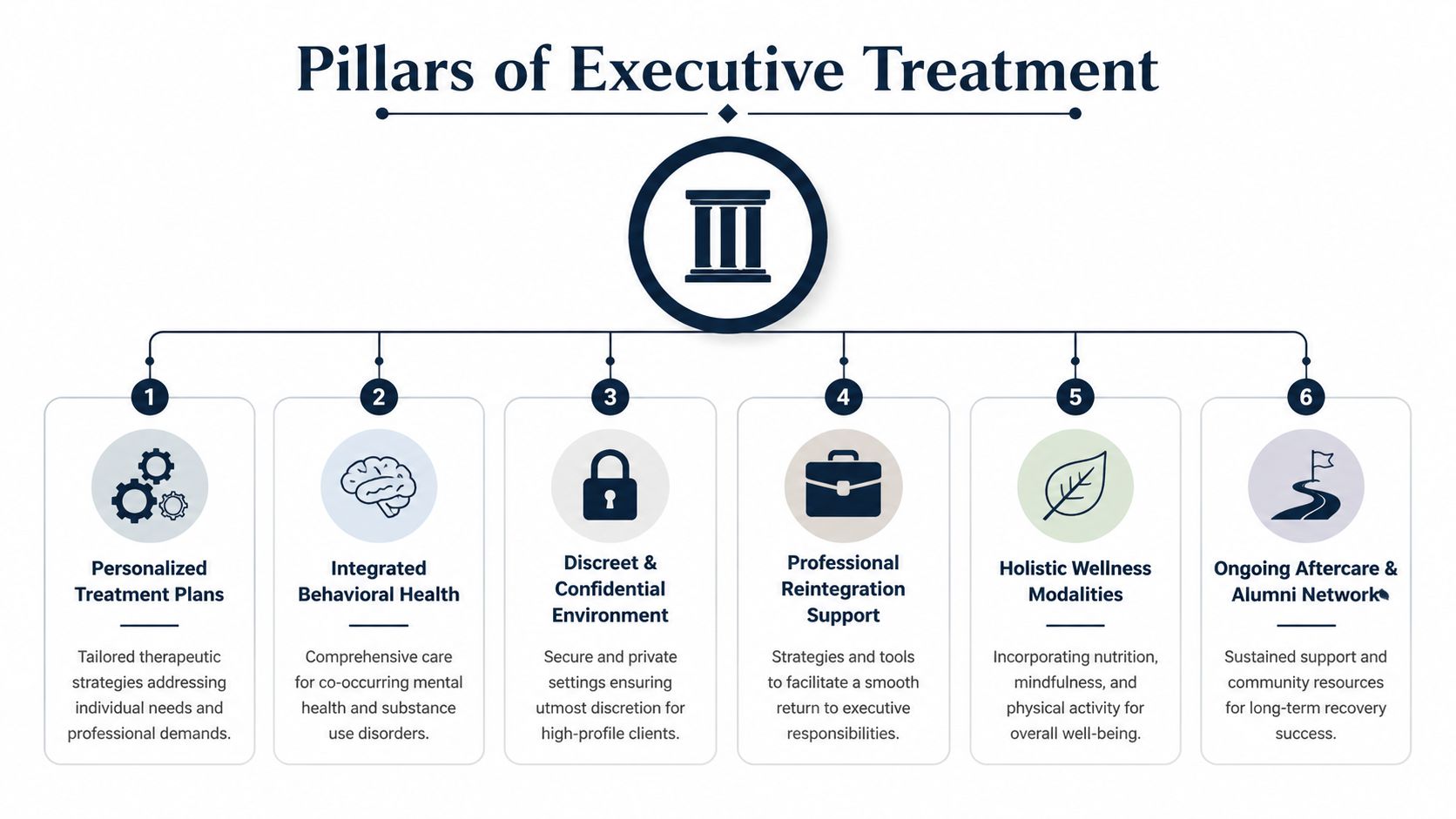 A diagram outlining the six pillars of executive treatment, including personalized plans, behavioral health, and aftercare.