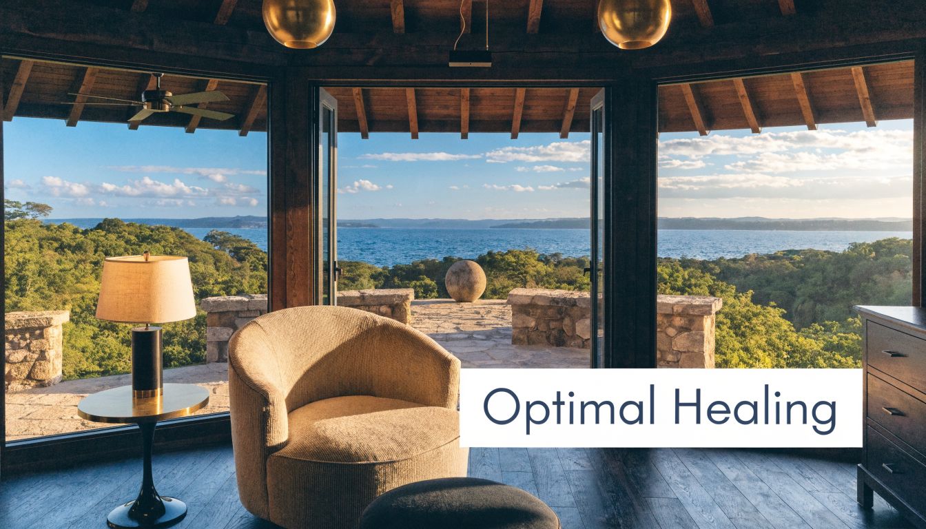 A serene luxury suite with ocean views featuring a modern armchair and stylish decor for relaxation.