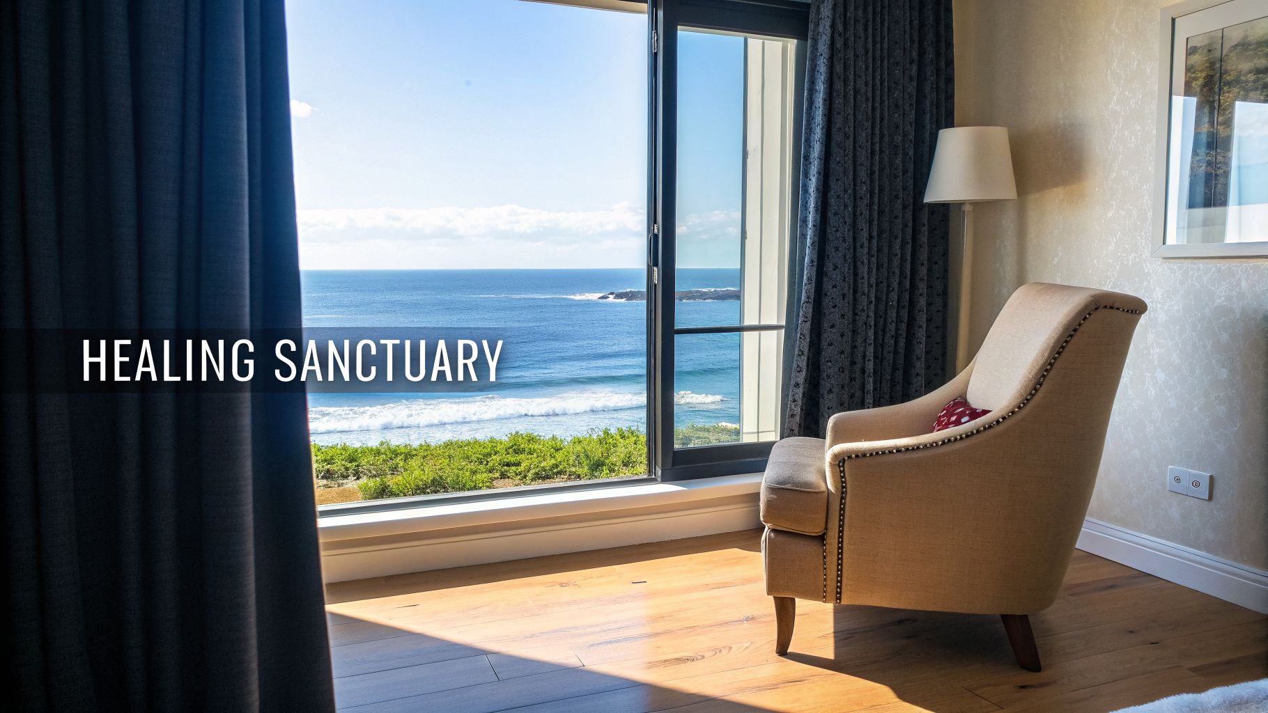 A comfortable room with an armchair, floor lamp, and a large window overlooking the ocean, creating a healing sanctuary ambiance.
