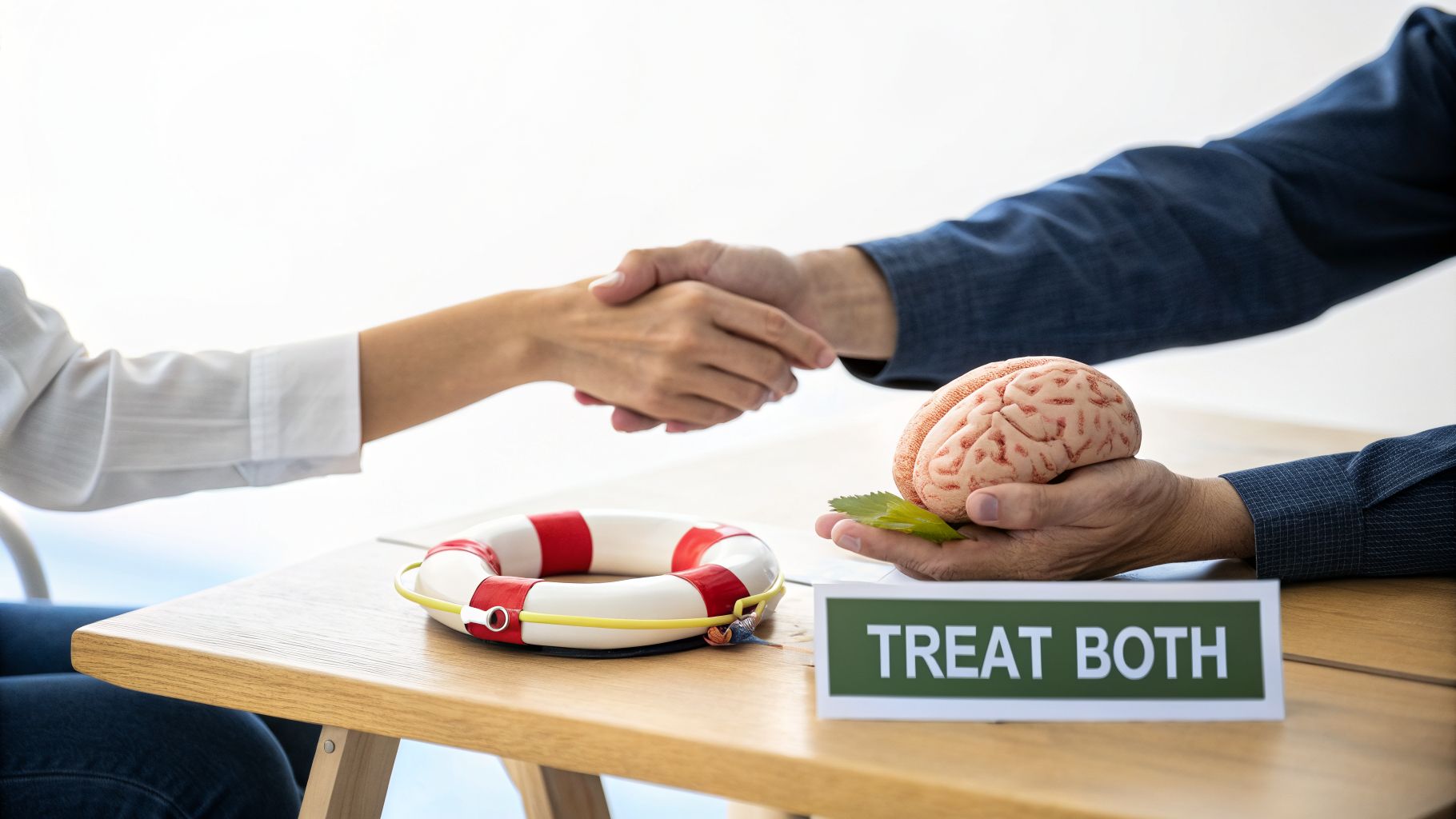 Two people shake hands over a table with a brain model, lifebuoy, and 'TREAT BOTH' sign, symbolizing integrated care.