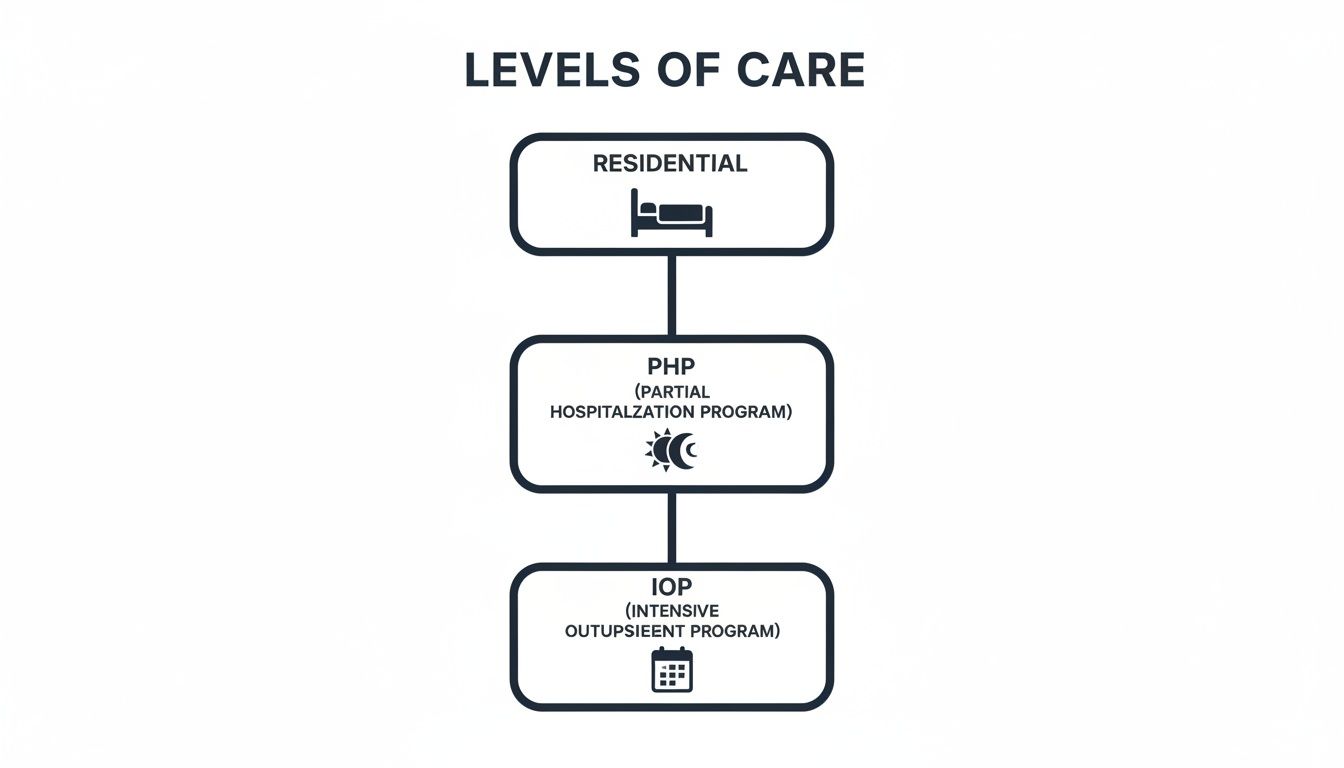Diagram illustrating three levels of mental health care: Residential, PHP, and IOP with icons.