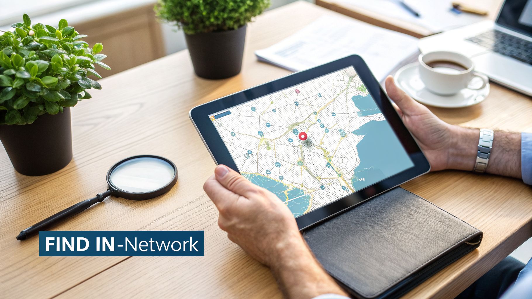 A person holds a tablet displaying a network map with a red pin, on a wooden desk with a magnifying glass.