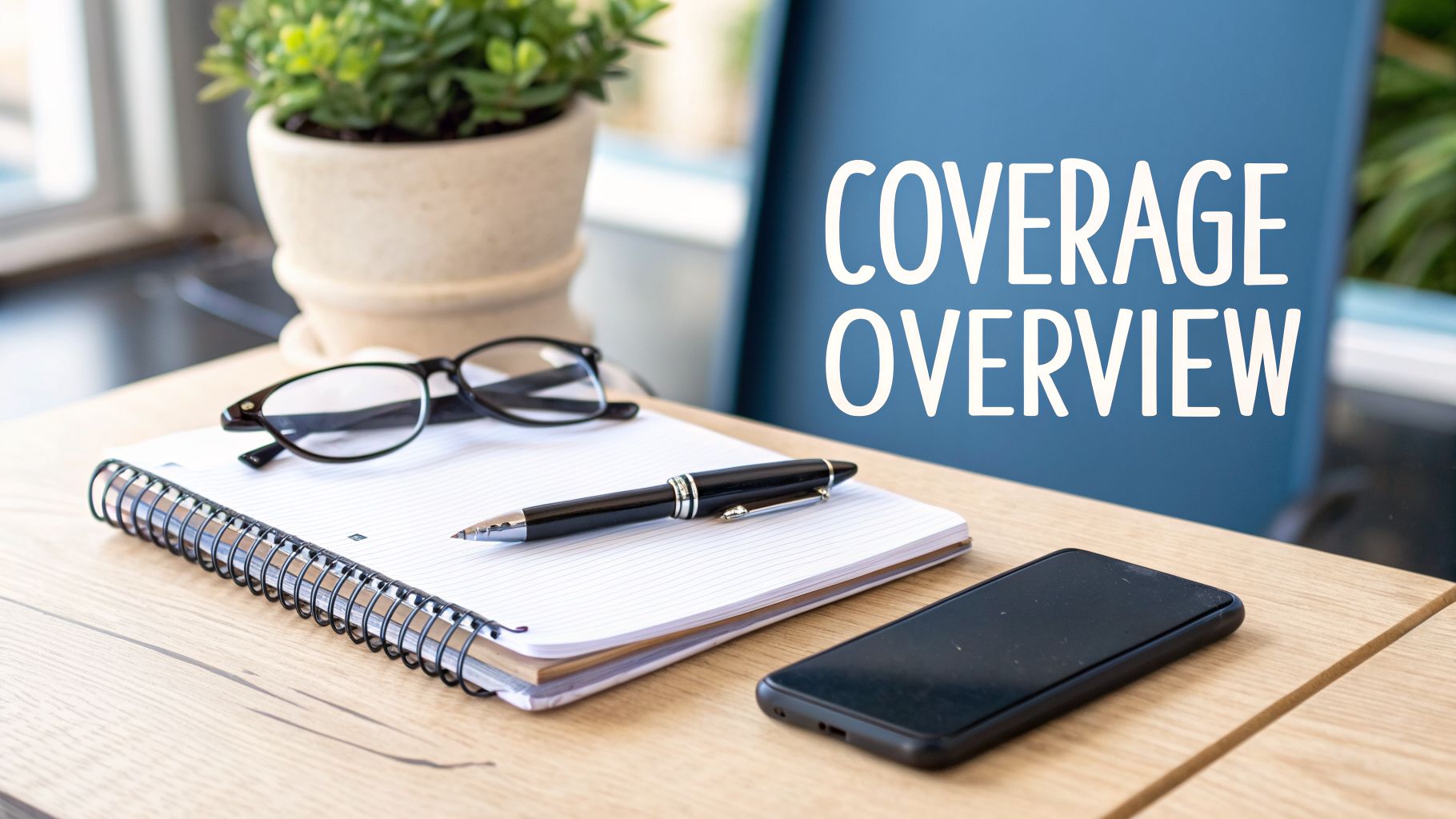 A professional desk setup featuring a notebook, pen, glasses, smartphone, and 'COVERAGE OVERVIEW' text.