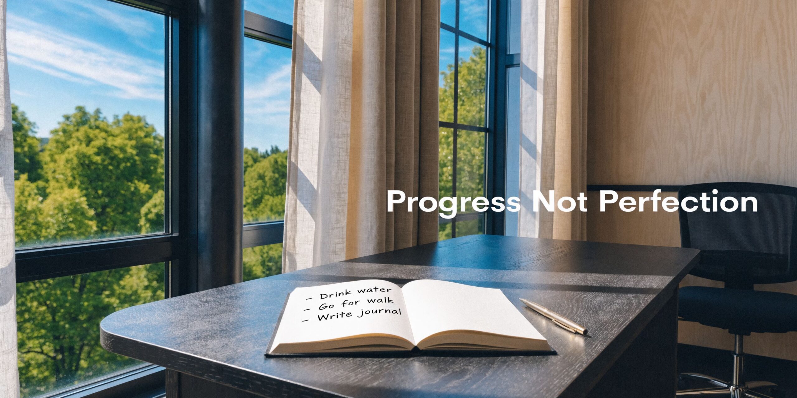 An open journal with a daily to-do list sitting on a desk by a sunlit office window.