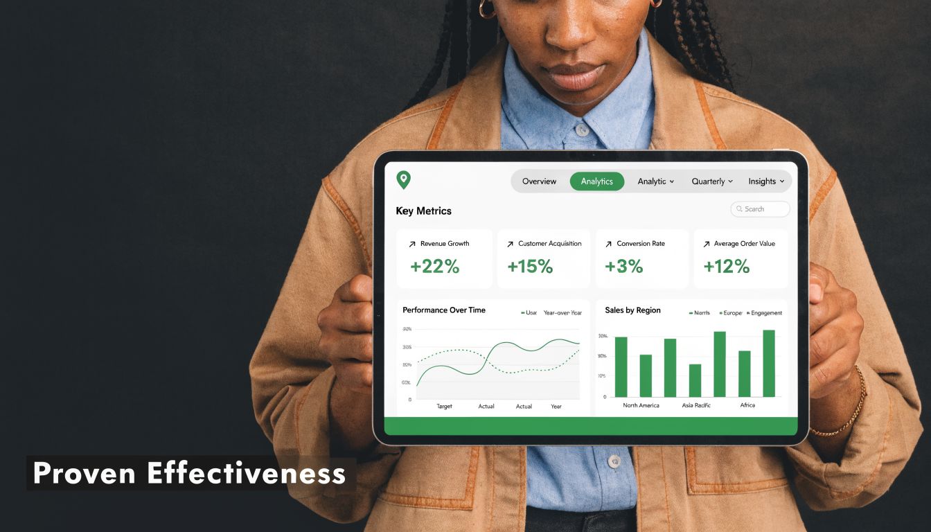 A person holding a tablet displaying business analytics dashboards with growth metrics and performance charts.