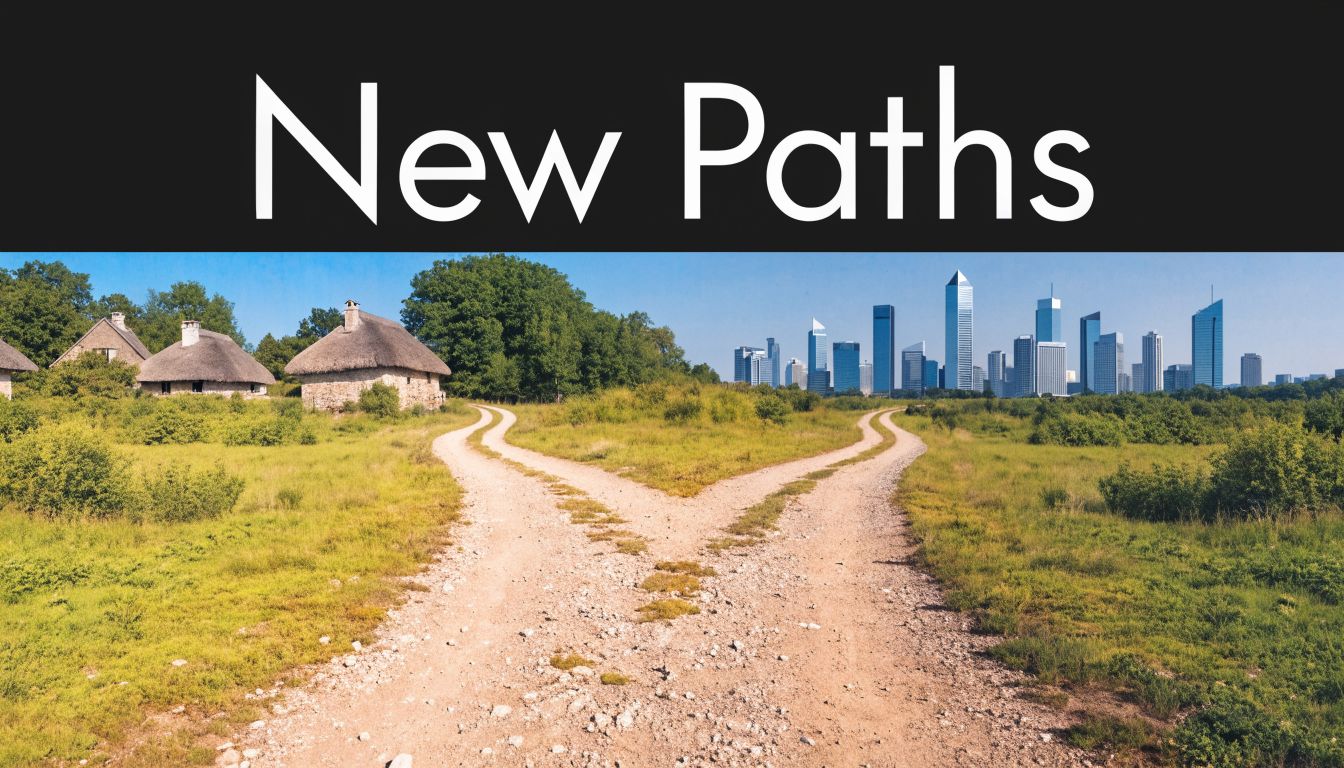 A split dirt path leading toward rural stone houses on one side and a modern city skyline.