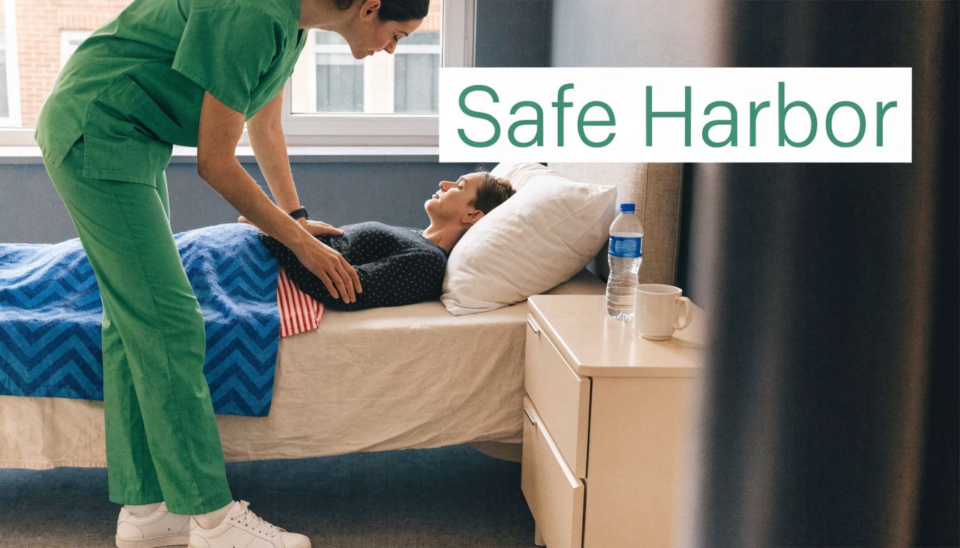 A caring nurse comforts a patient resting in bed as part of a safe harbor recovery process.