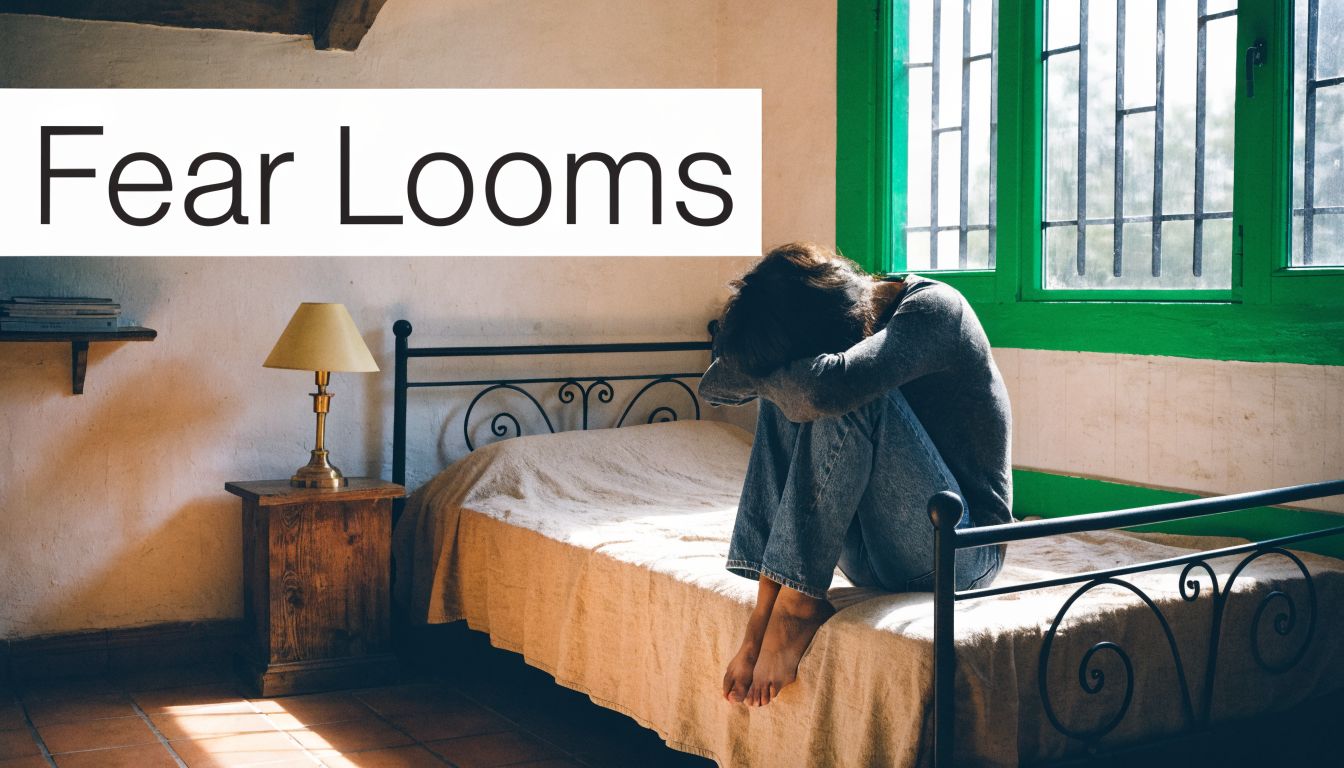 A person sitting on a bed in a dimly lit room, holding their head in emotional distress.