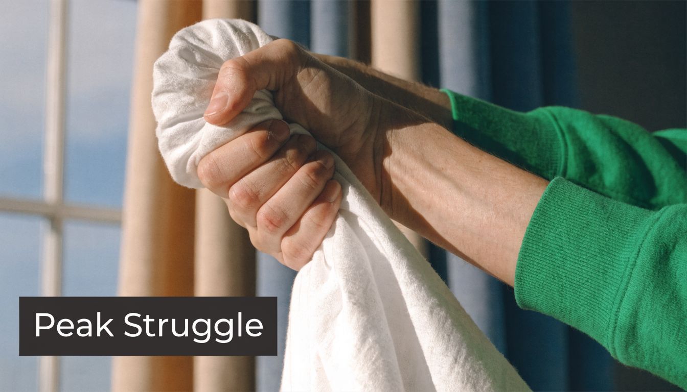 A person clenching their hands tightly on white fabric representing the intense struggle of physical discomfort.