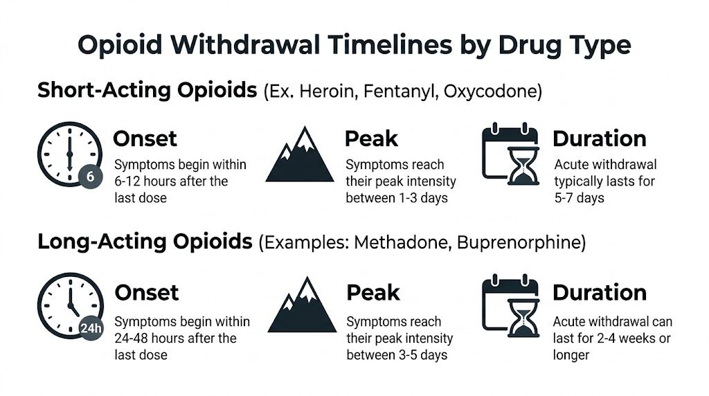 A chart showing the differences in onset, peak, and duration of withdrawal for short-acting and long-acting opioids.