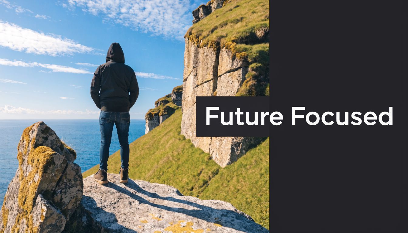 A person in a hooded jacket stands on a cliff edge overlooking the ocean, reflecting future goals.
