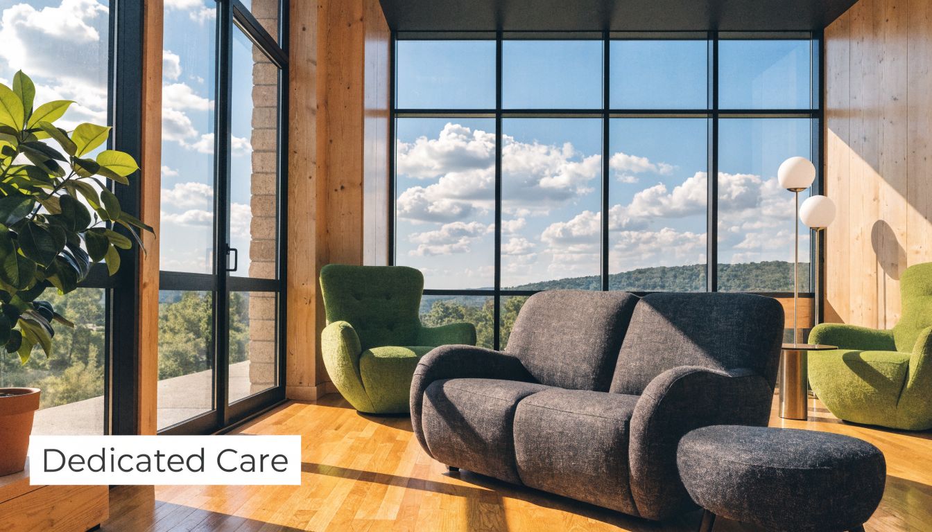 A serene, modern lounge area with large windows, comfortable armchairs, and a cozy sofa for relaxation.