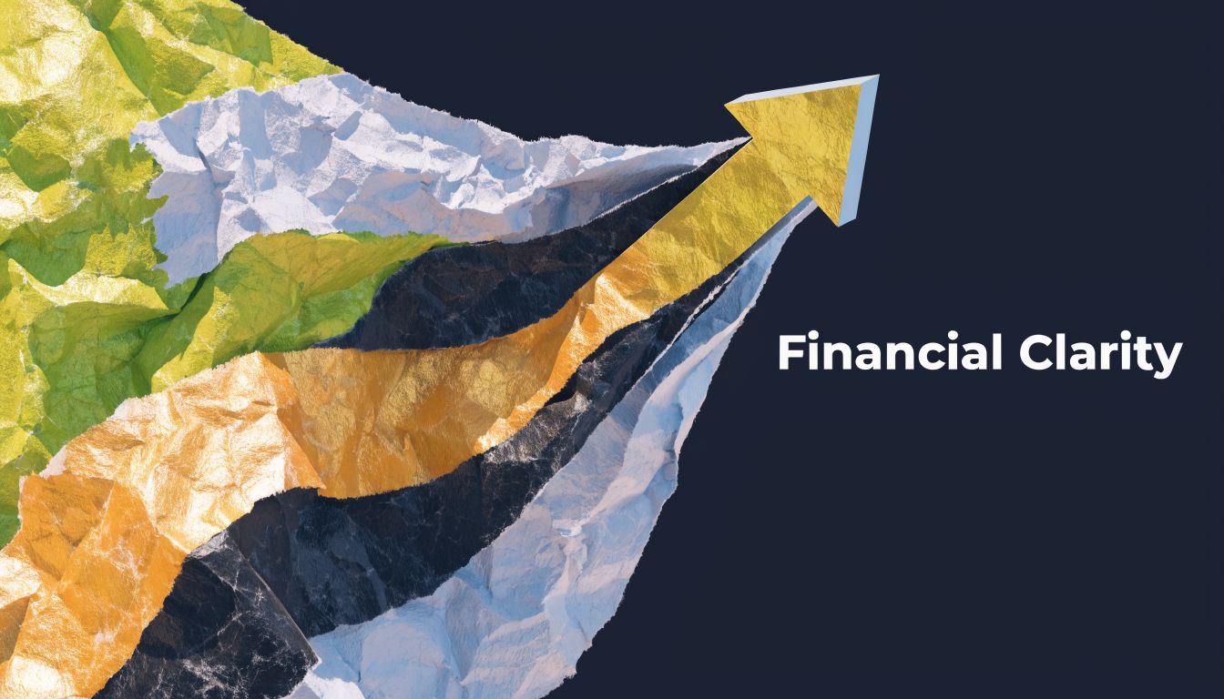 A gold-colored arrow pointing upward against a background of crumpled paper layers in various colors.