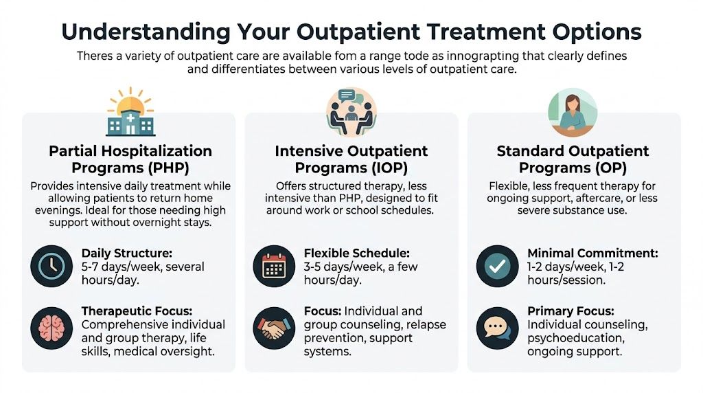 An infographic comparing different levels of outpatient addiction treatment including PHP, IOP, and Standard Outpatient Programs.