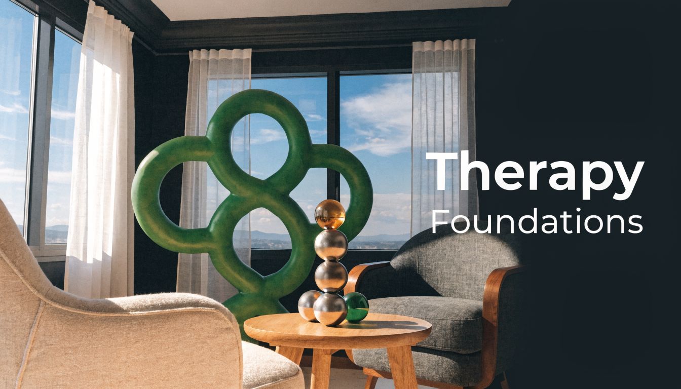 A serene therapy office with comfortable armchairs, a wooden coffee table, and abstract decor by large windows.