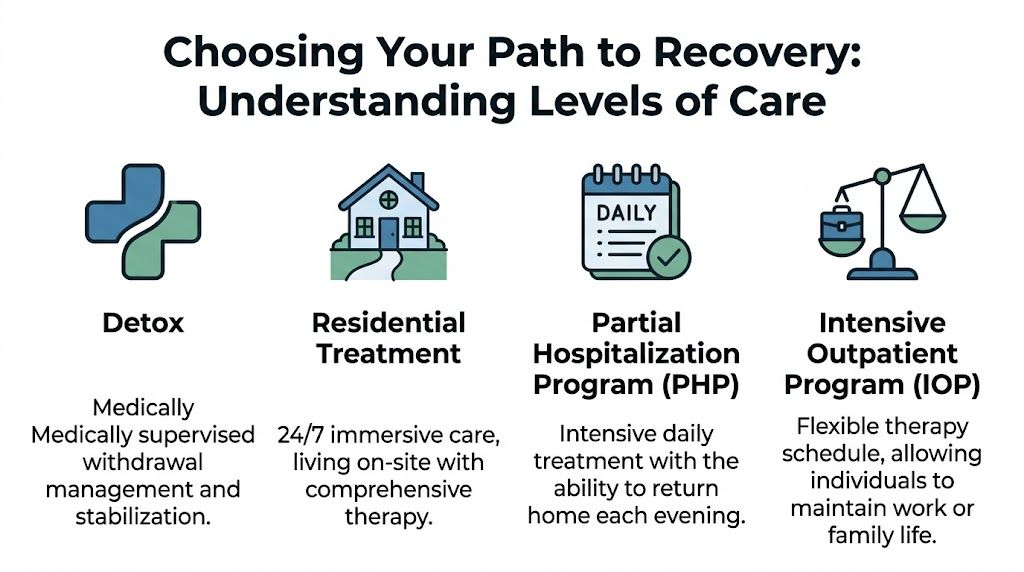 An infographic showing four levels of addiction recovery care including detox, residential treatment, PHP, and IOP programs.