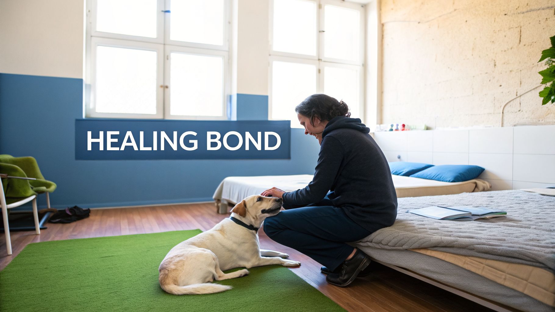 A person gently pets a yellow labrador retriever lying on a green rug, with 'HEALING BOND' text overlay.