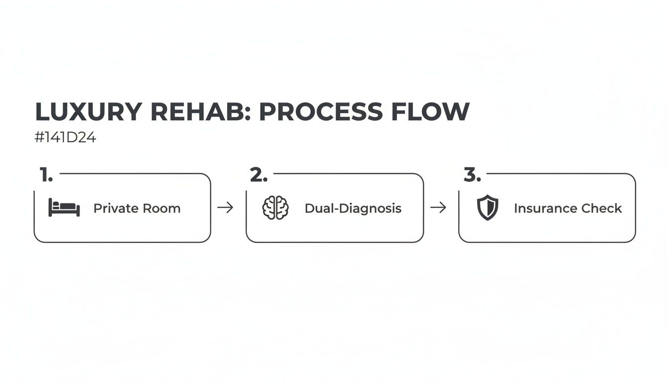 A three-step process flow for luxury rehab: private room, dual-diagnosis, and insurance check.
