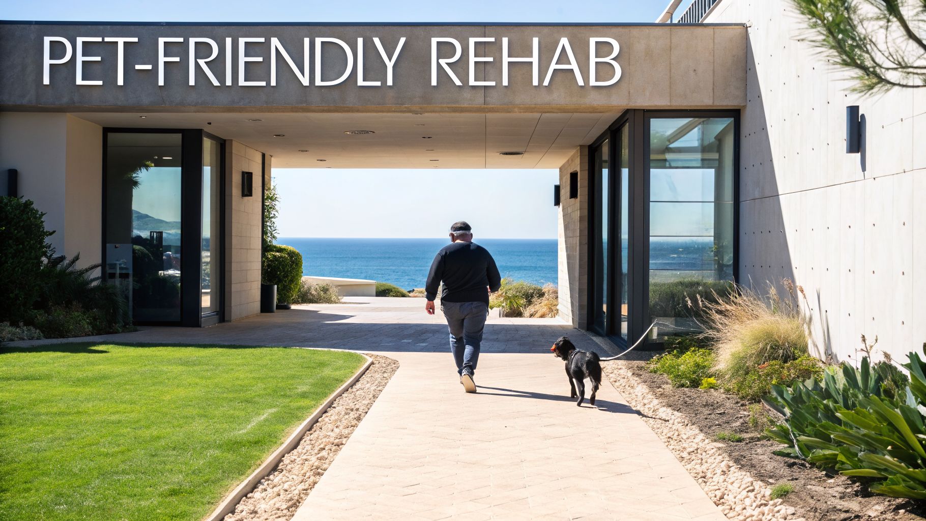 A man and his dog walk through an archway toward the ocean under a 'PET-FRIENDLY REHAB' sign.